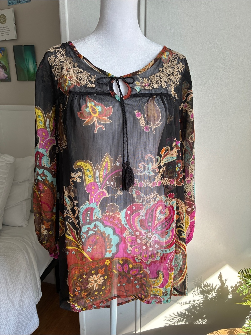 ONE WORLD Black Sheer Boho Floral Tie-Neck Tunic with Multicolor Print, XL